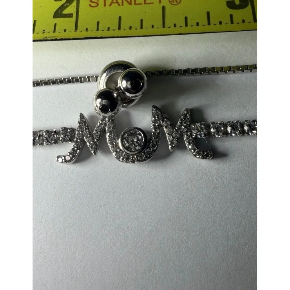 Sterling Silver MOM Cubic Zirconia Bolo Bracelet Adjustable Tennis Box Chain 925